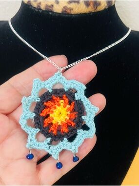 Handmade Turquoise & Orange Crochet Flower Pendant Necklace